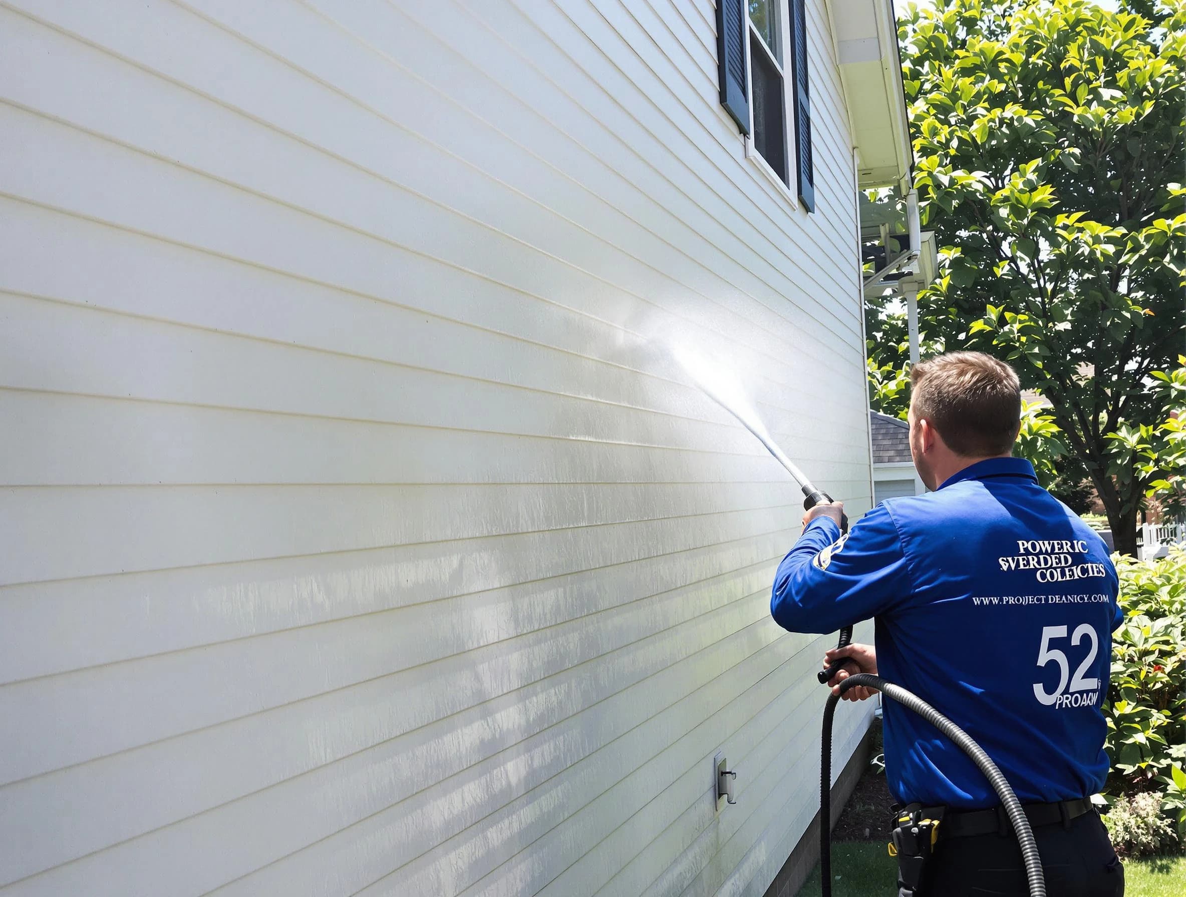 A Rocky River Power Washing technician power washing a home in Rocky River