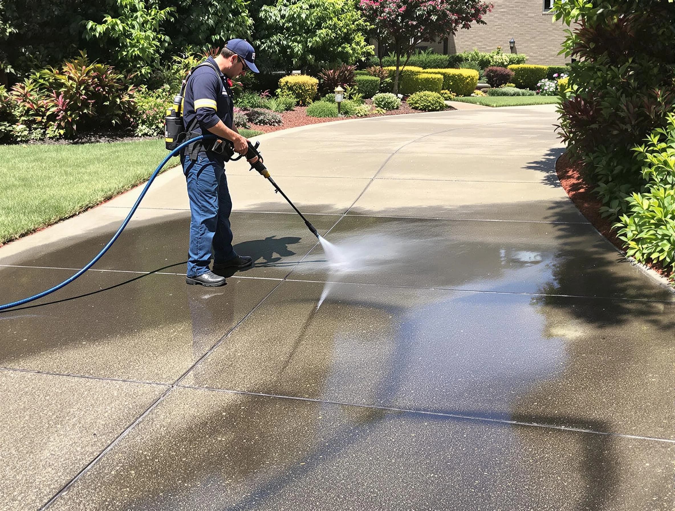 Experienced Rocky River Power Washing team member pressure washing a driveway in Rocky River