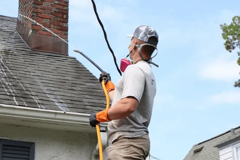 Rocky River Power Washing professional performing gentle roof washing service in Rocky River